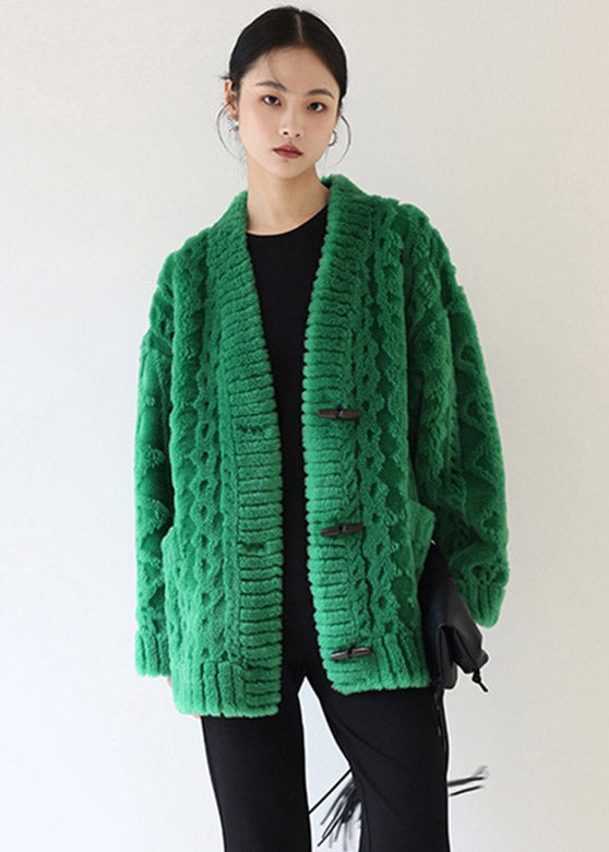 Green V Neck Thick Button Woolen Coats Winter