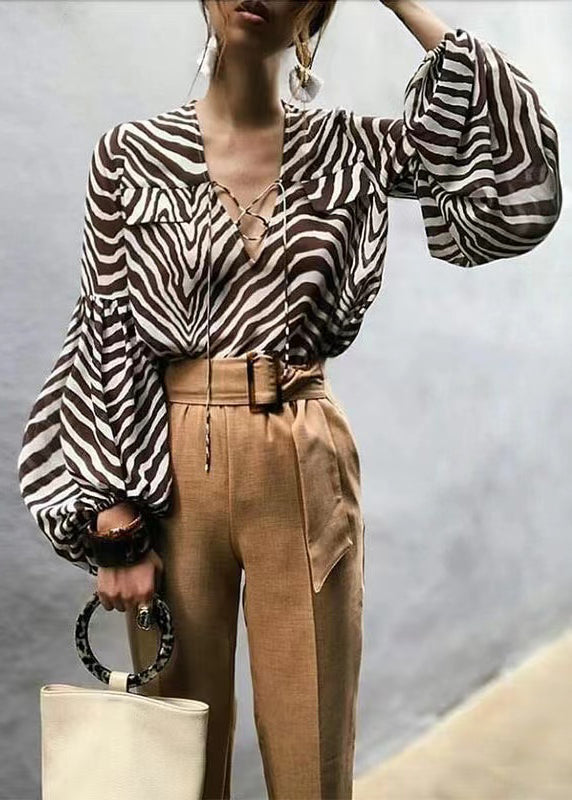 European and American Striped Printed Long Sleeved Lace Up Shirt