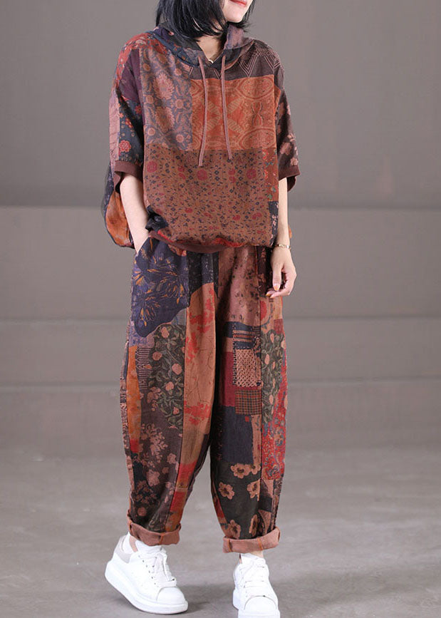 Chocolate Hooded Drawstring Print Linen Tops and Pants Two Pieces Set Summer