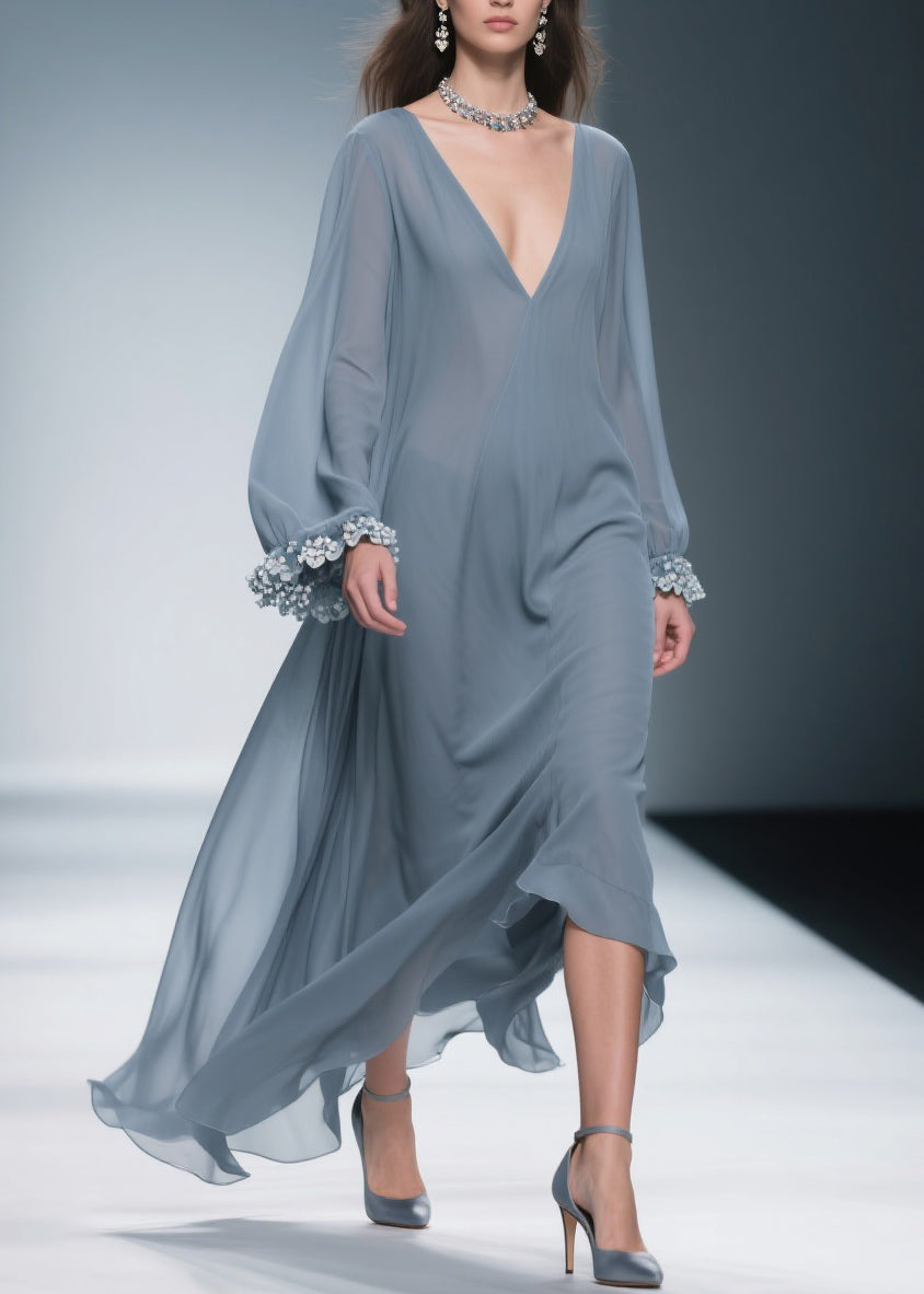 Haze Blue Chiffon Maxi Dresses