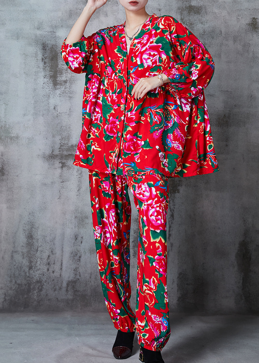 Red Oversized Print Cotton Two Piece Suit Set Summer