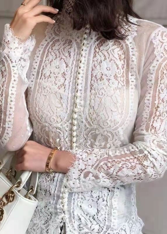 Black Hign Neck Bead Button Cotton Lace Top Fall