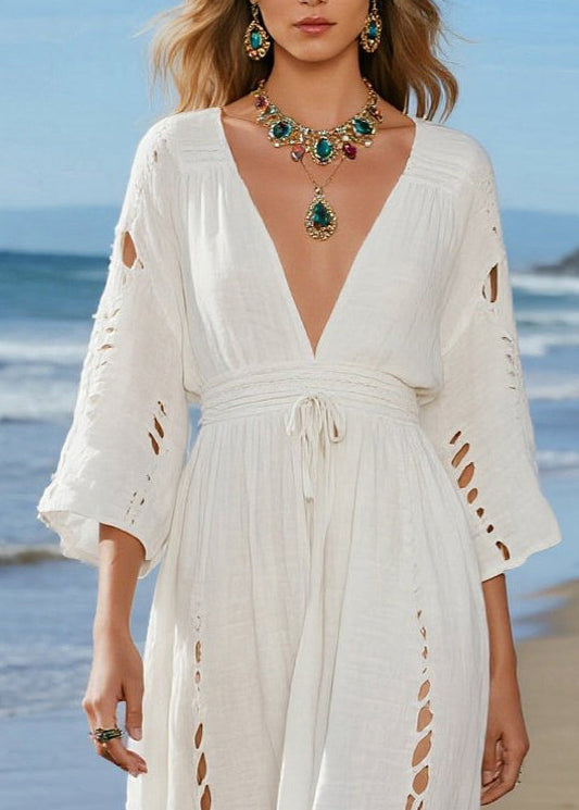 Beige V Neck Hollow Out Cotton Holiday Dresses Spring