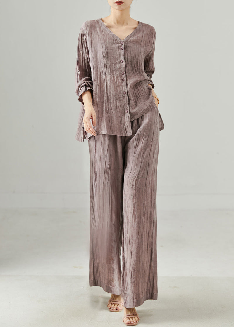 Purple Asymmetrical Wrinkled Linen Two Pieces Set Summer