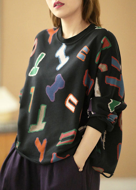 Modern Black Loose O-neck Graphic Hole Fall Sweatshirts Top