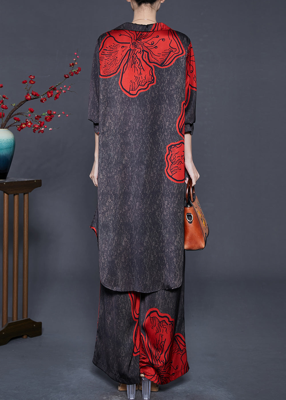 Black Oversized Print Silk Two Piece Set Outfits Fall
