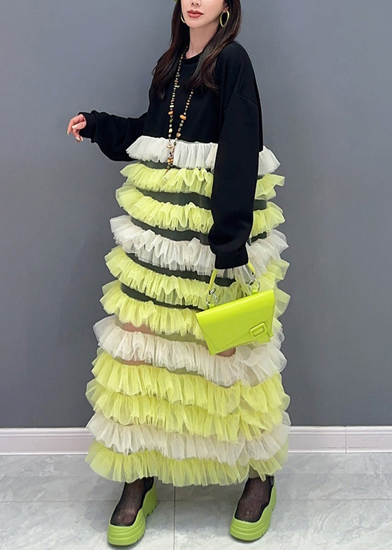 Yellow O Neck Tulle Patchwork Fluffy Dresses Long Sleeve