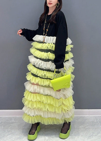 Yellow O Neck Tulle Patchwork Fluffy Dresses Long Sleeve