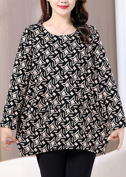 Red O-neck Print Top Long Sleeve