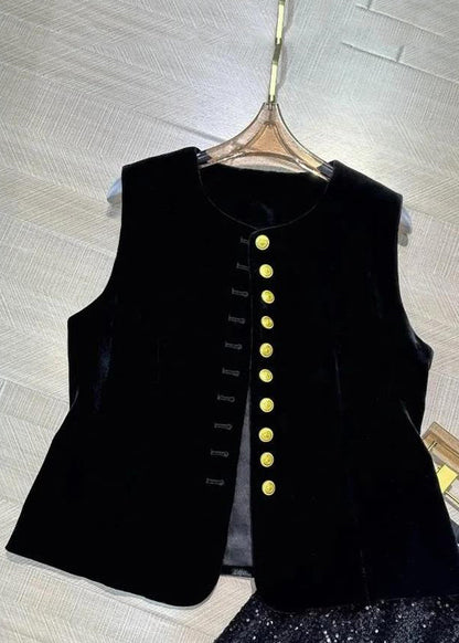 Black O-neck Button Silk Velour Waistcoat Sleeveless