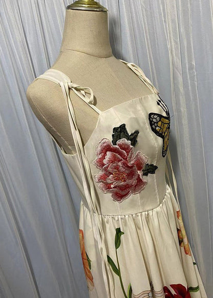 Apricot Embroidered Lace Up Cotton Dresses Sleeveless