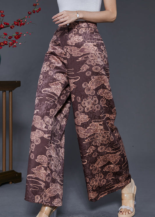 Brown Elastic Waist Print Silk Wide Leg Pants Spring
