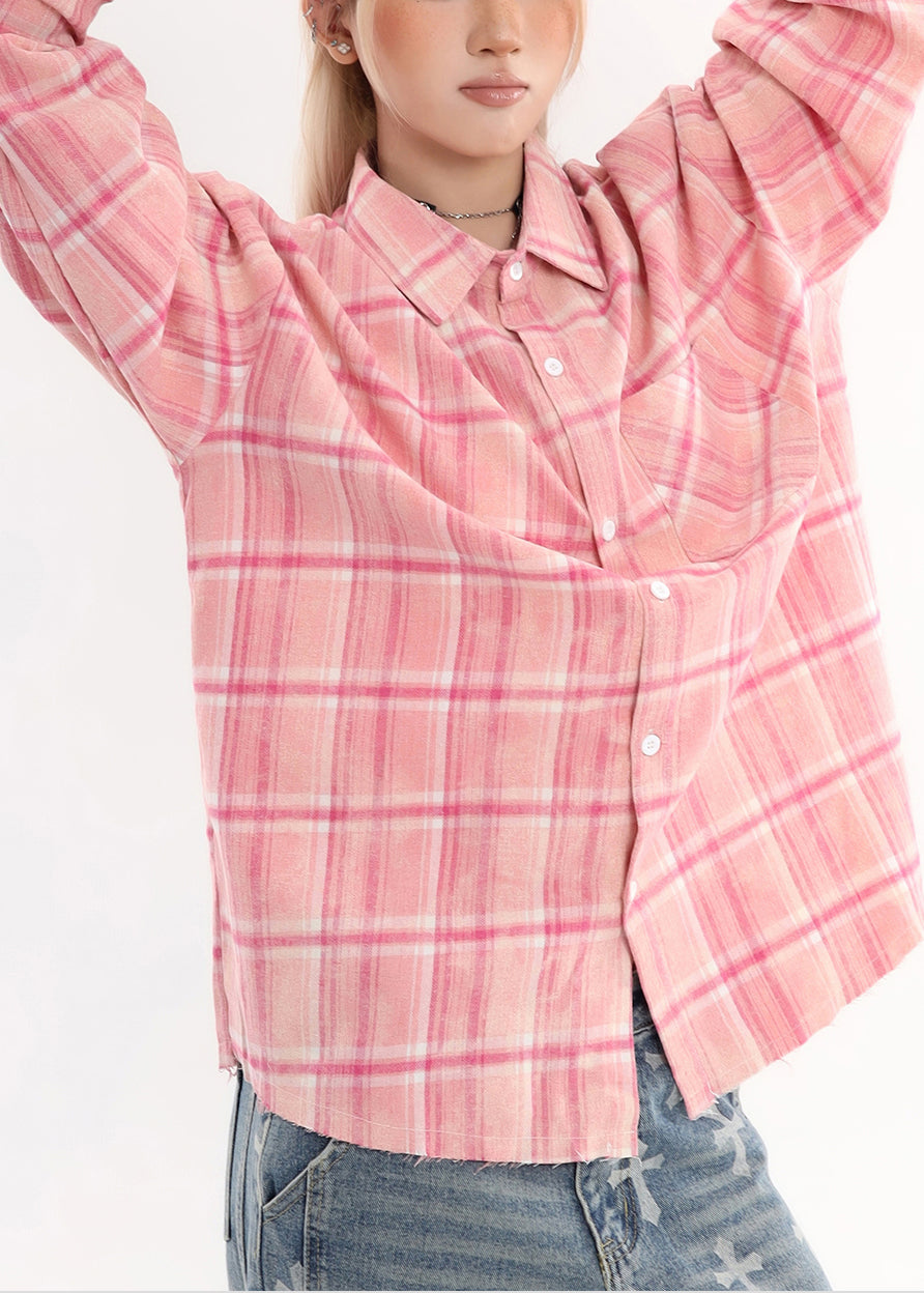Pink Oversized Plaid Cotton Shirt Tops Spring