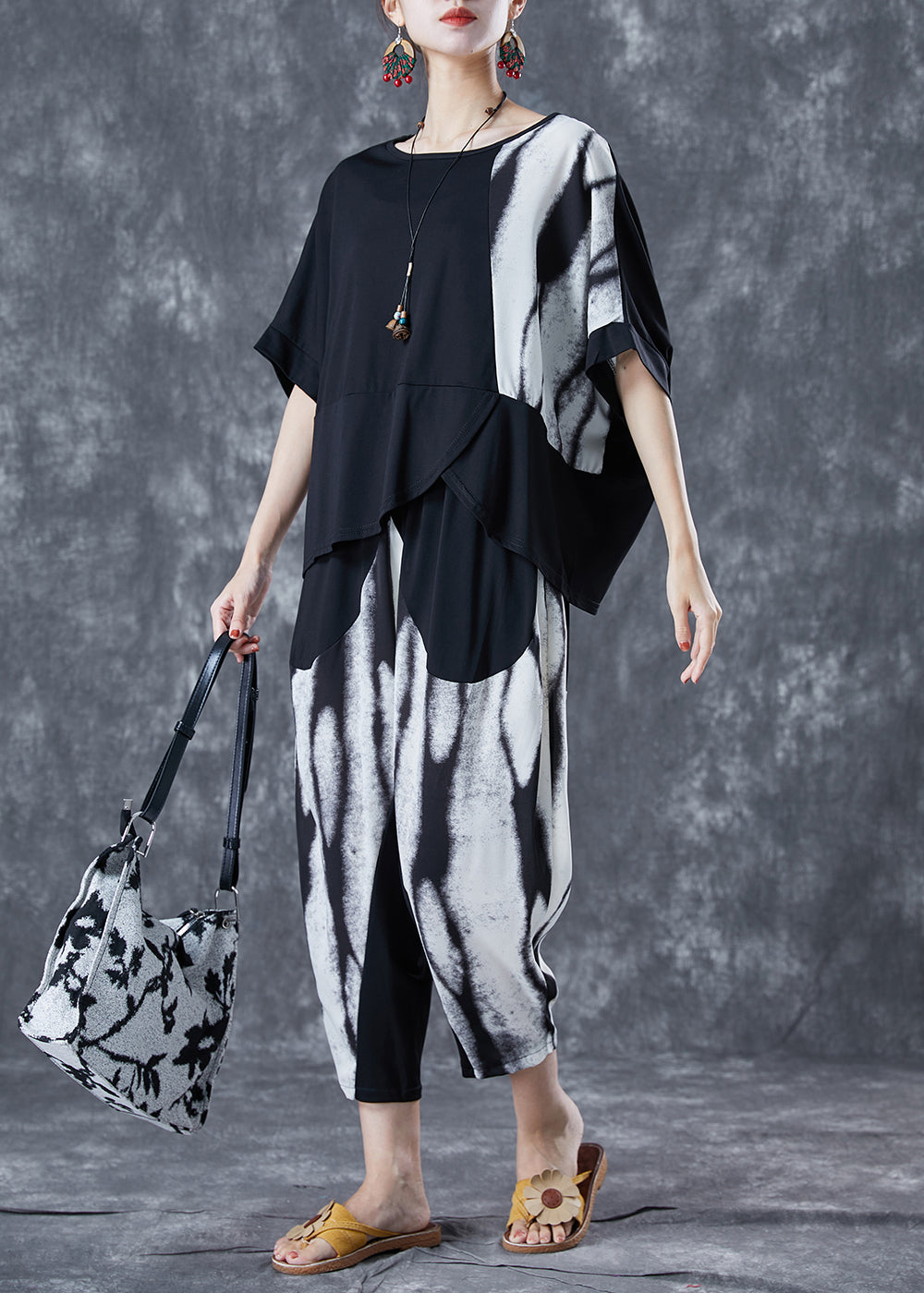 Black Patchwork Cotton Sets 2 Pieces Asymmetrical Summer