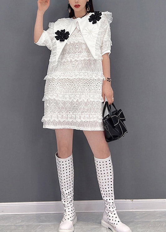 Style White O-neck Tulle Patchwork Lace Layered Dresses Short Sleeve