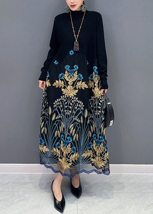 Rose Turtleneck Embroideried Tulle Patchwork Dress Fall