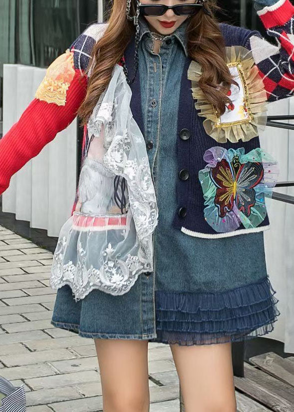 Red Knit Patchwork Denim Ruffled Fall Long Sleeve Coat