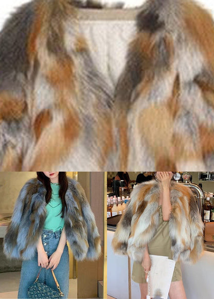 Brown Grey Leather and Fur Coats Coat V Neck