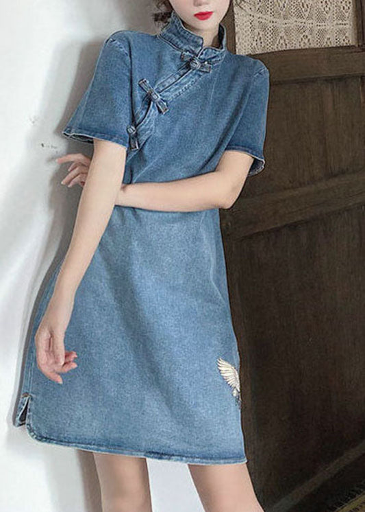 Blue Stand Collar Button Embroideried Denim Dresses Short Sleeve