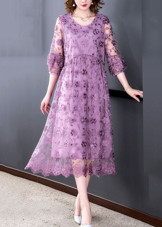 Purple O-neck Embroideried Tulle Long Dresses Half Sleeve