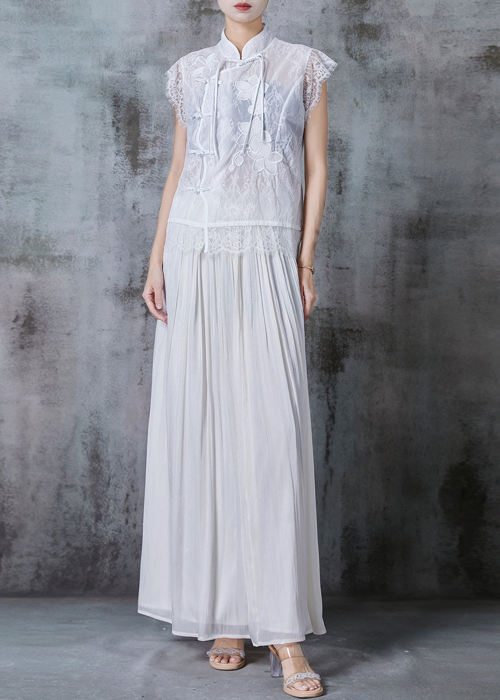 Diy White Tasseled Patchwork Lace Chinese Style Two Piece Set Summer