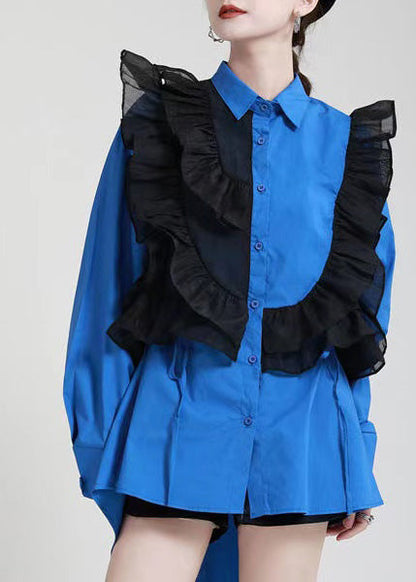 Royal Blue Ruffles Asymmetrical Shirt Dress-limited Stock