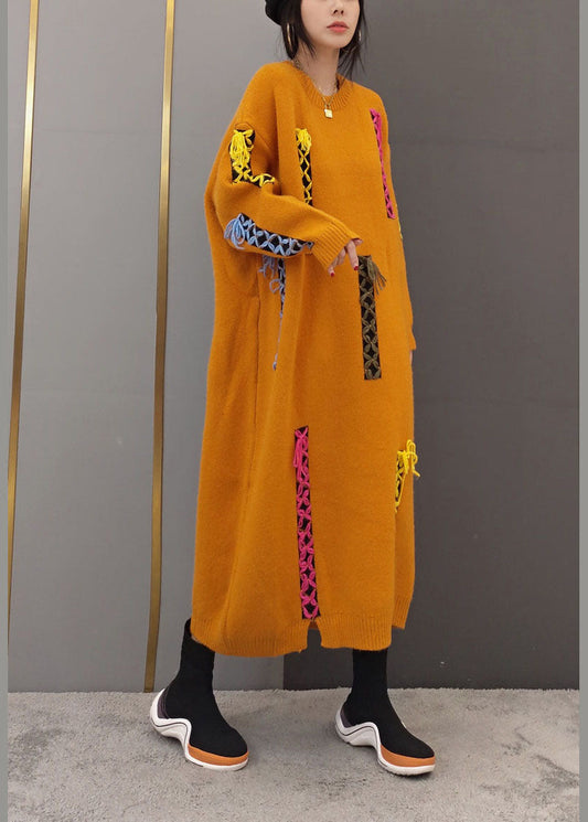 Yellow O-neck Patchwork Knit Long Dresses Long Sleeve
