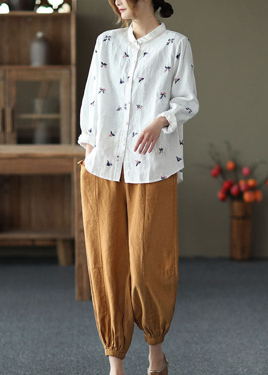 White Peter Pan Collar Embroideried Patchwork Linen Top Spring