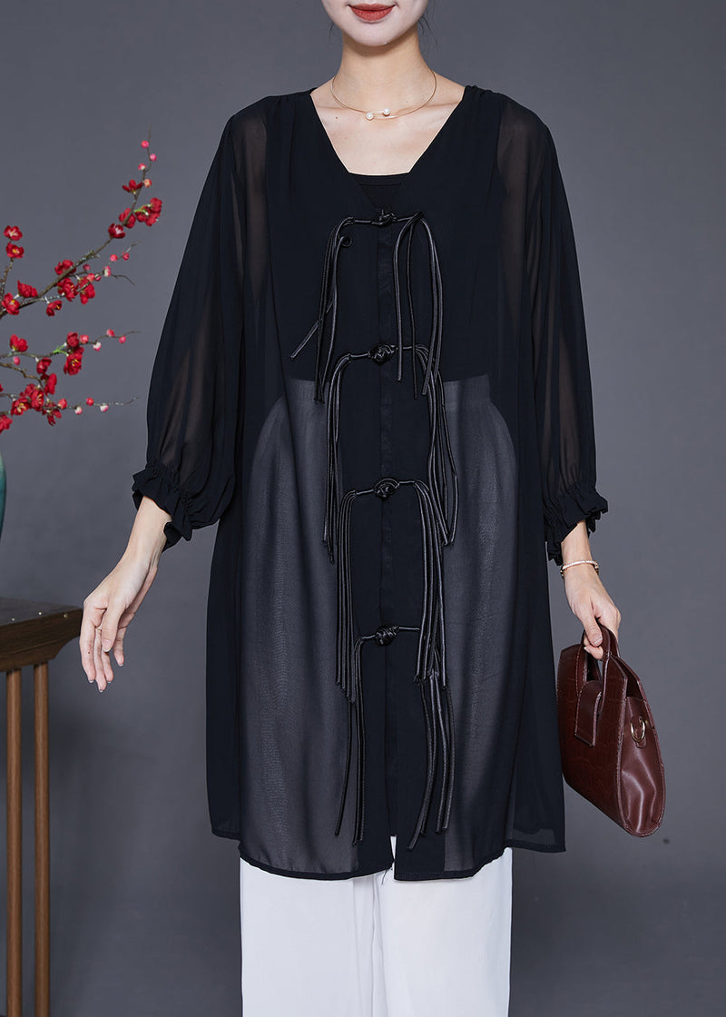 Black Tasseled Chinese Button Chiffon Blouses Bracelet Sleeve