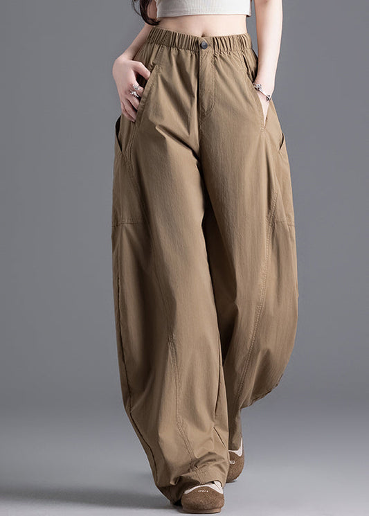 Brown Pockets Elastic Waist Cotton Pants Spring