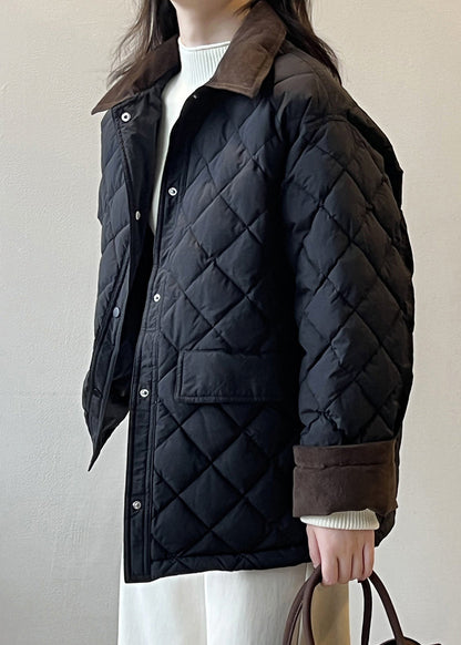 Black Pockets Corduroy Duck Down Puffer Coat Peter Pan Collar Winter