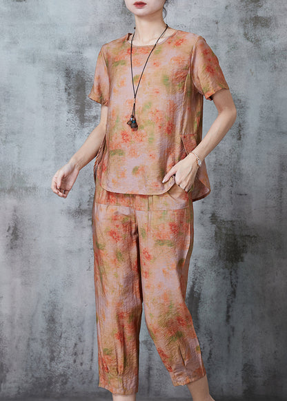 Orange Print Linen Sets 2 Pieces Oversized Summer