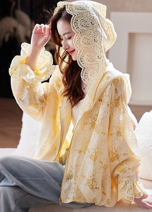 Yellow Zip Up Lace Hoodie Coat Batwing Sleeve