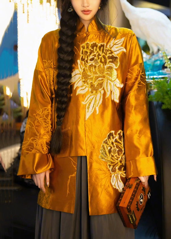 Chinese Style Yellow Button Print Blend Coats Long Sleeve