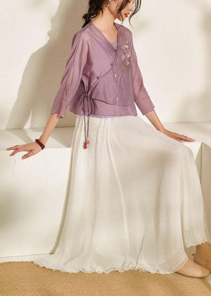 French Purple Tie Waist Embroideried Summer Top