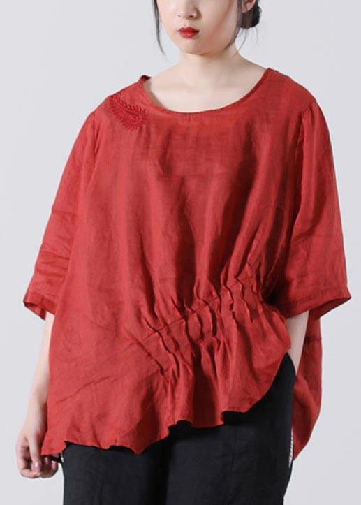 Red Cinched Cotton Linen Summer Blouse Top