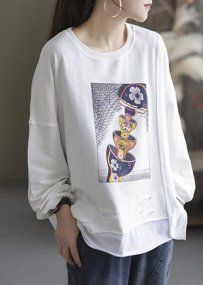 White O-neck Hole Print Cotton Pullover Sweatshirt Long Sleeve