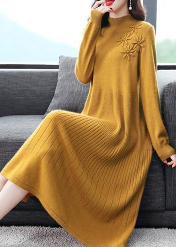 Black Patchwork Woolen Dress Embroideried Turtleneck Fall