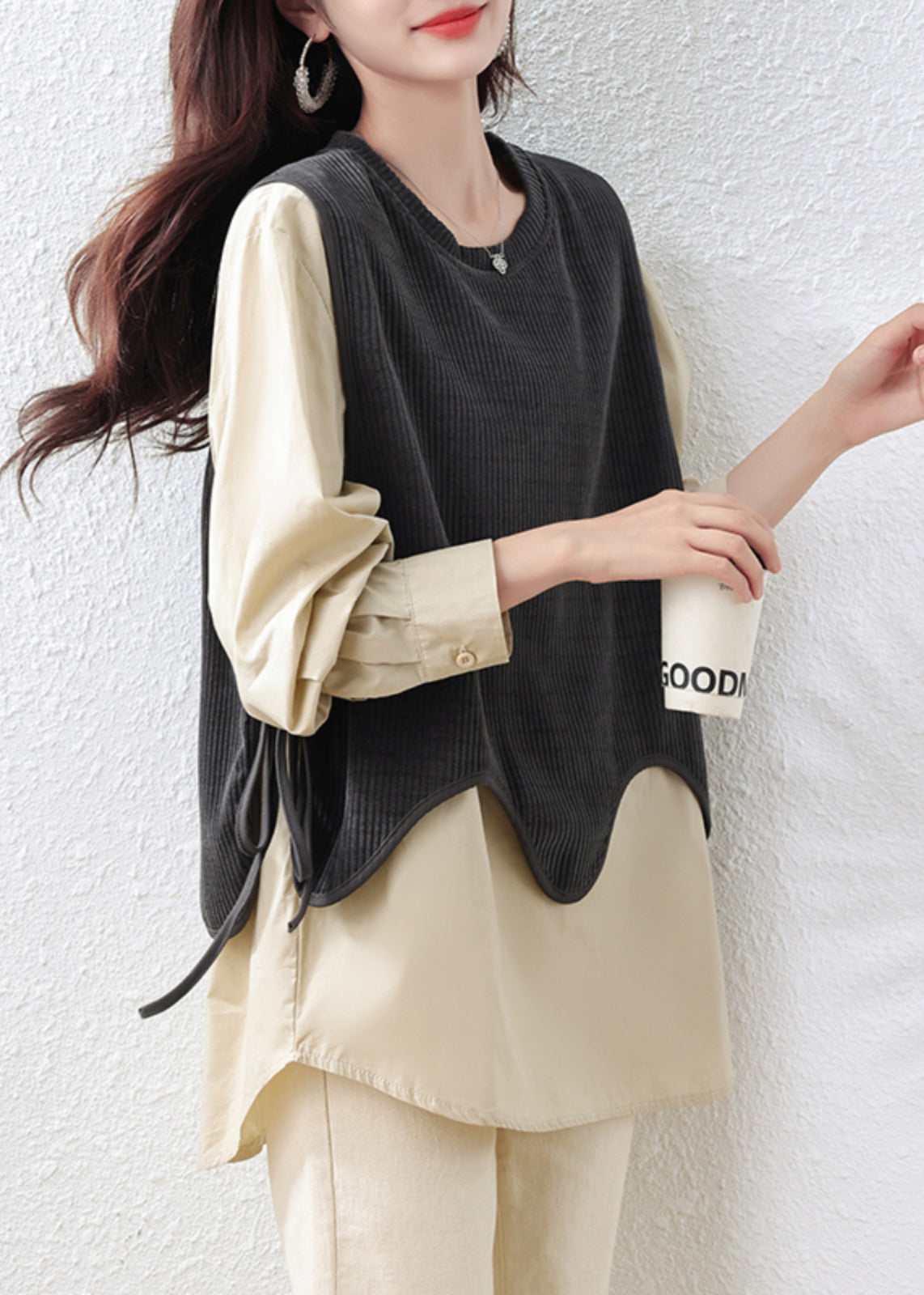 Khaki Oversized Patchwork Cotton Fake Two Piece Tops Fall