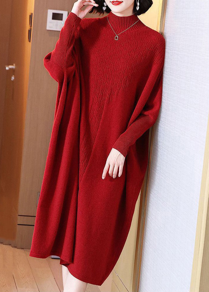 Red Turtleneck Cozy Cotton Knit Long Dresses Long Sleeve