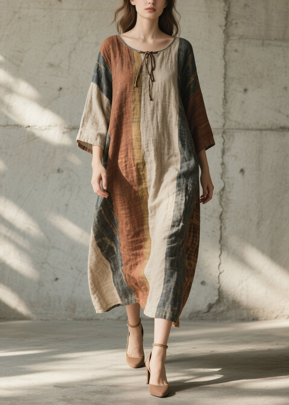 Colorblock O Neck Cotton Long Dress Summer
