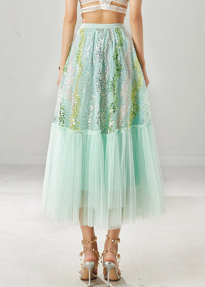 Green Patchwork Tulle a Line Skirts Sequins Spring