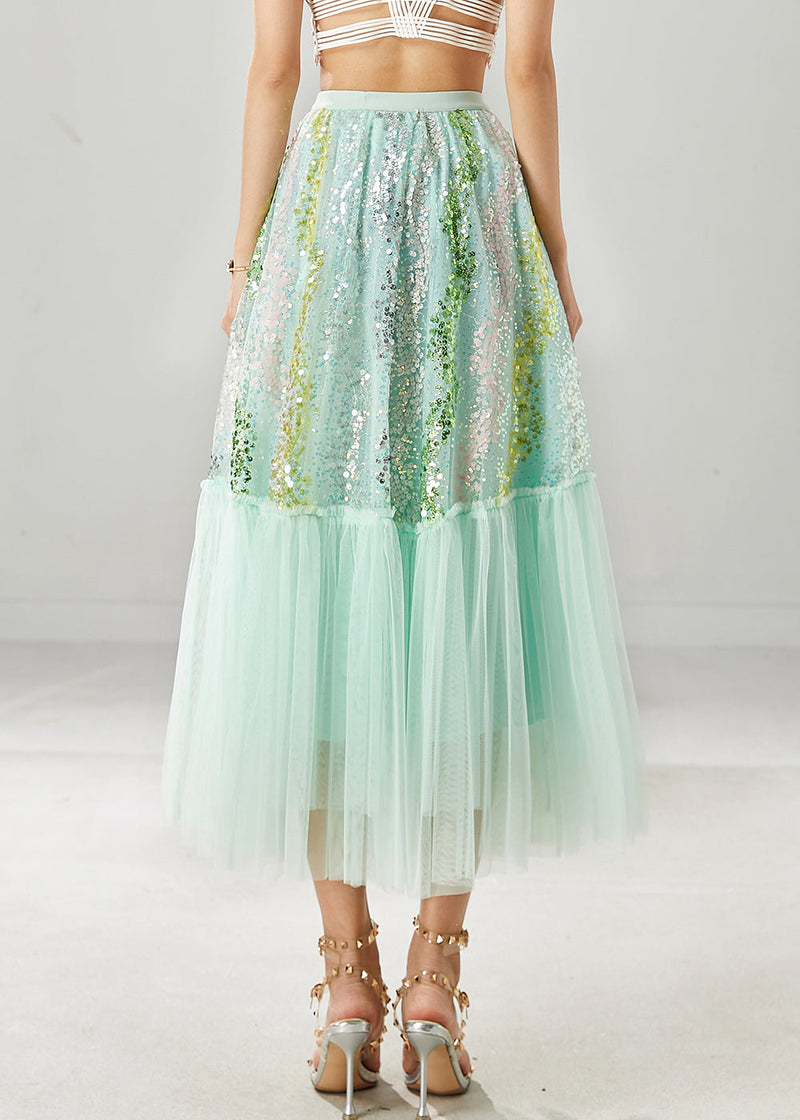 Green Patchwork Tulle a Line Skirts Sequins Spring