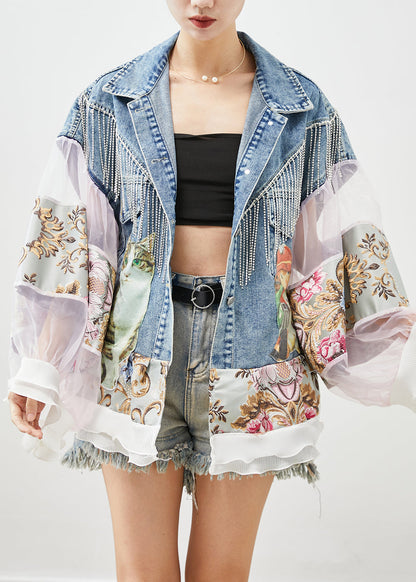 Blue Tasseled Patchwork Tulle Denim Coat Lantern Sleeve