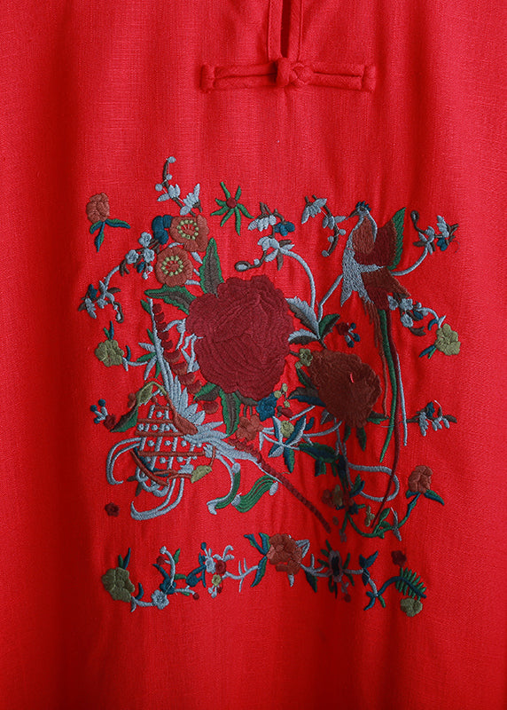 Red Mandarin Collar Side Open Embroideried Long Dress Short Sleeve