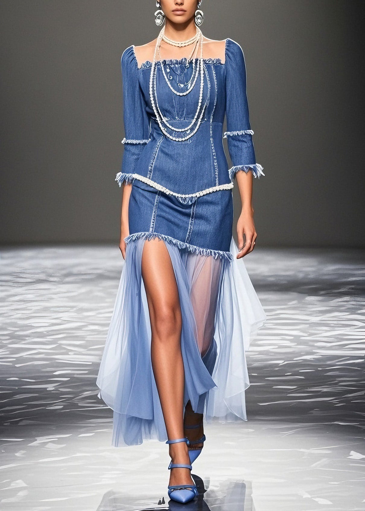 Blue Ruffled Patchwork Denim Dresses Summer