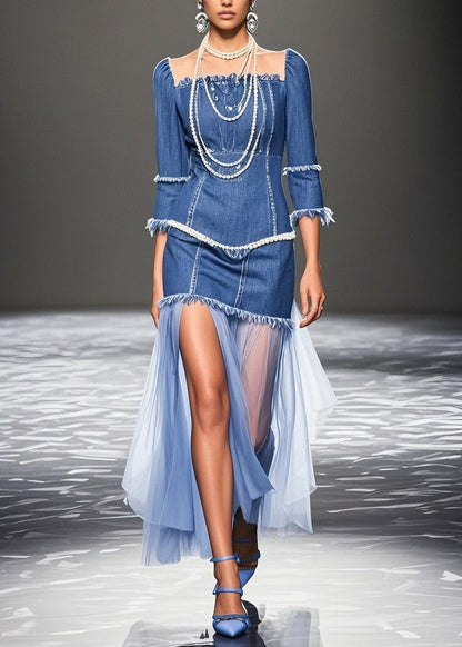 Blue Ruffled Patchwork Denim Dresses Summer