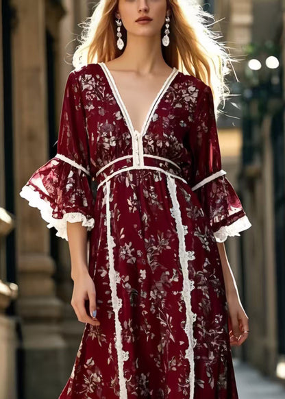 Mulberry Print Lace Patchwork Silk Long Dress Summer