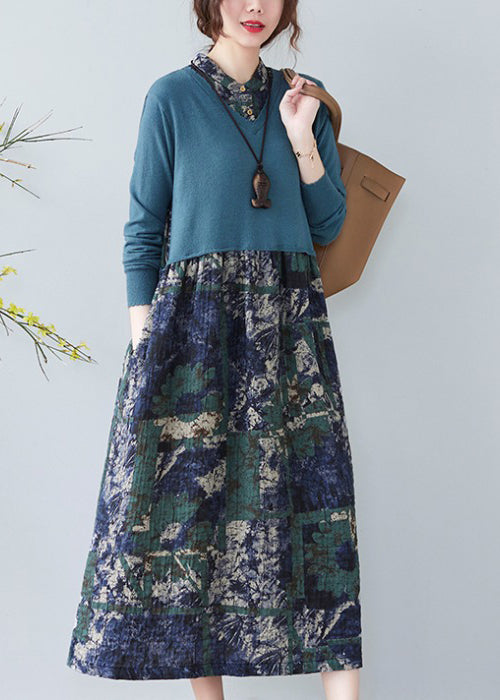 Blue Stand Collar Button Patchwork Long Dresses Long Sleeve