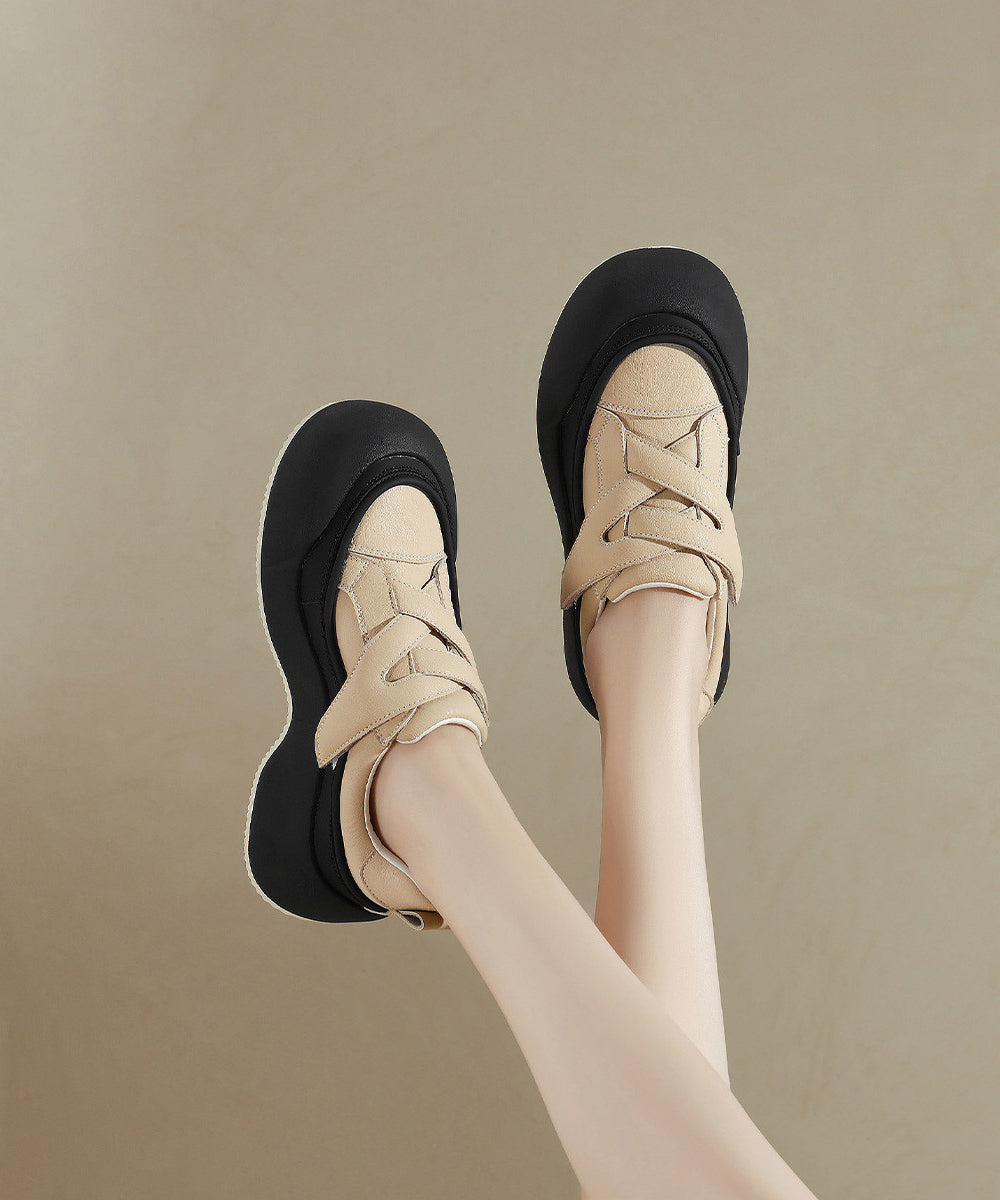 Beige Platform Faux Leather Splicing Flat Shoes